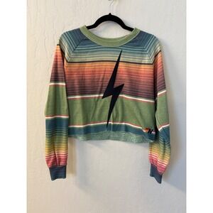 Aviator Nation Green and Pink Striped Cropped Hoodie